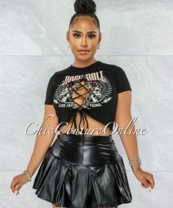 Vendor-unknown Jearl Black Faux Leather Pleated Mini Skort