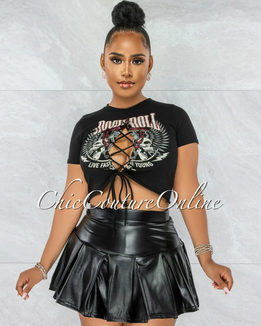Vendor-unknown Jearl Black Faux Leather Pleated Mini Skort