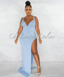 Chic Couture Online Haraly Sky Blue Pleated Bust Corset Draped Slit Maxi Dress JUST IN