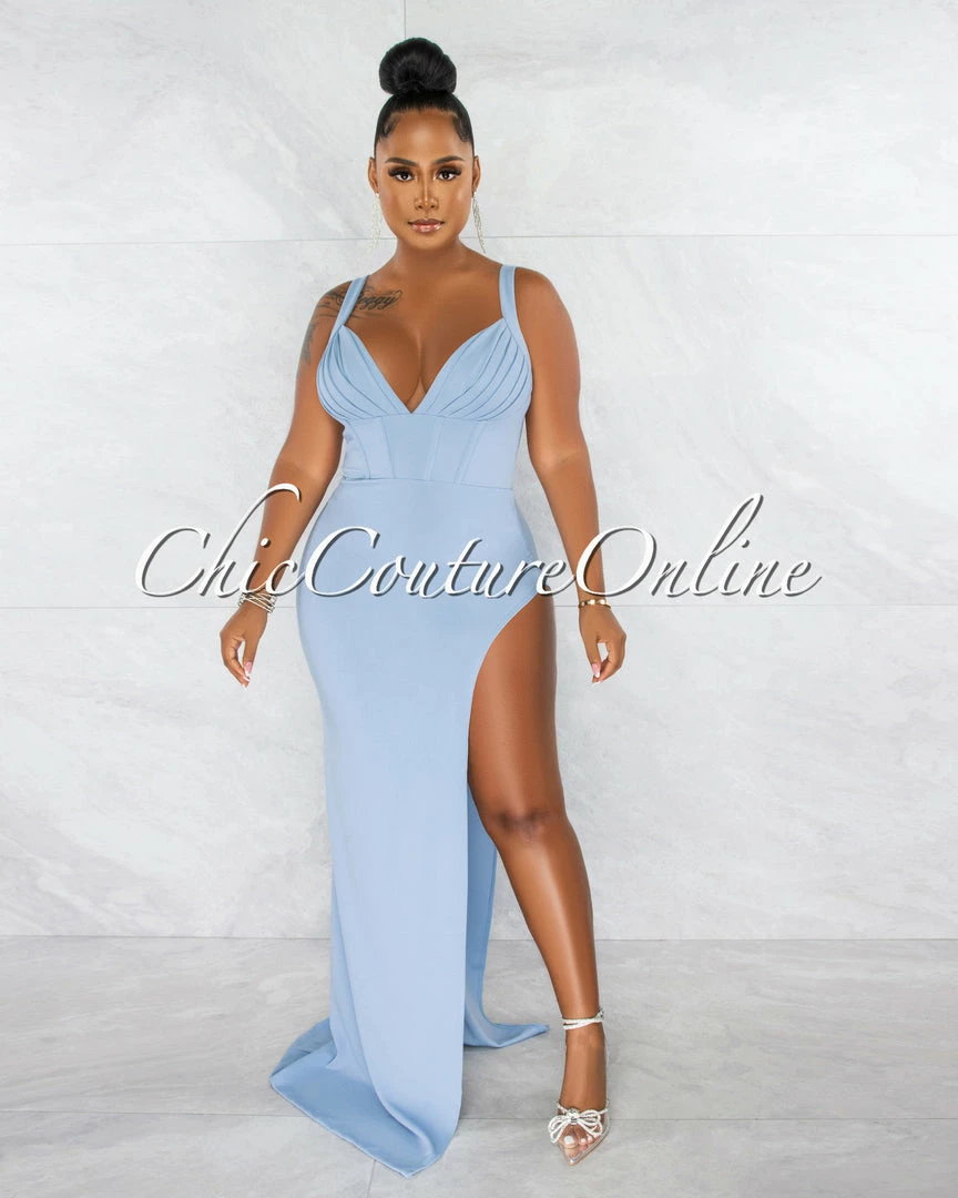 Chic Couture Online Haraly Sky Blue Pleated Bust Corset Draped Slit Maxi Dress JUST IN