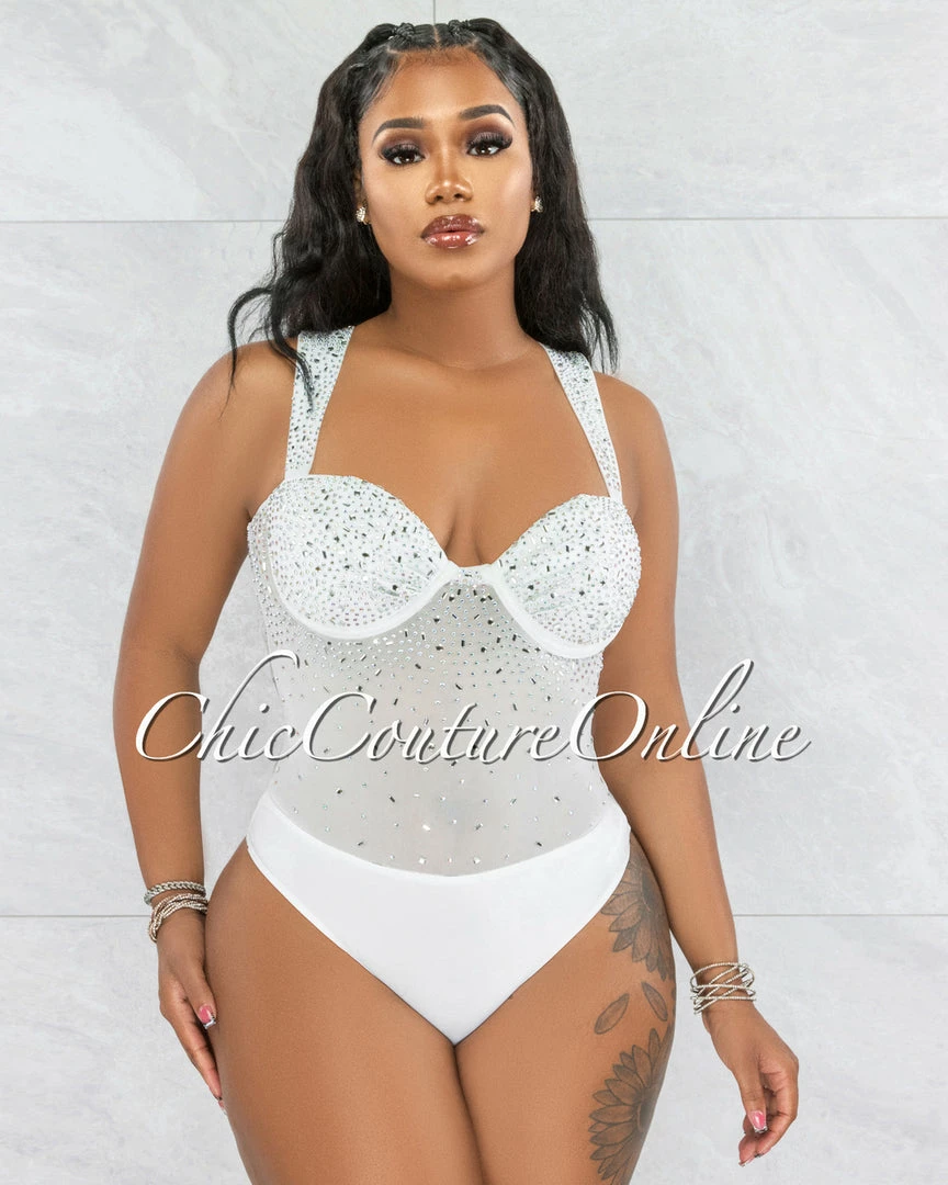 Vendor-unknown Jacaranda White Rhinestones Bodysuit & Draped Skirt Set