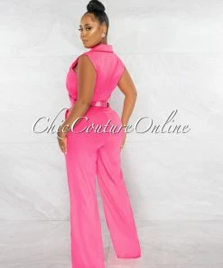 Chic Couture Online Jared Hot Pink Croc Gold Link Belt Luxe Jumpsuit