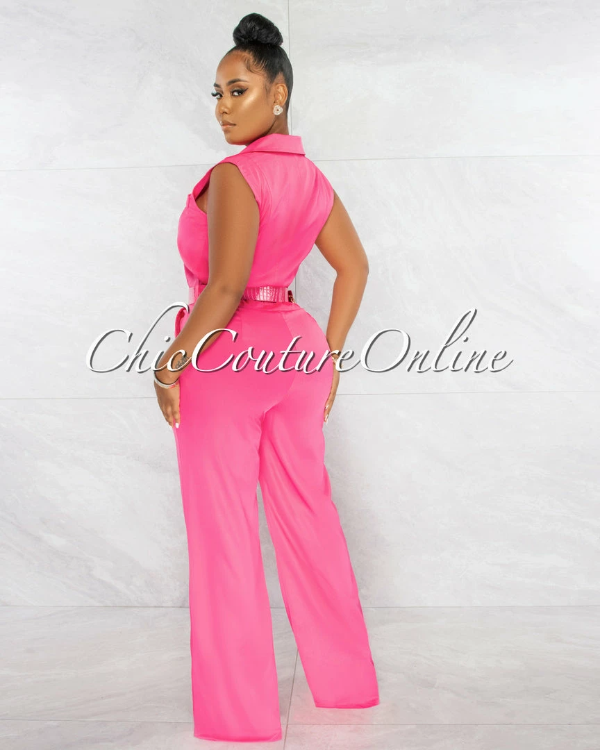Chic Couture Online Jared Hot Pink Croc Gold Link Belt Luxe Jumpsuit