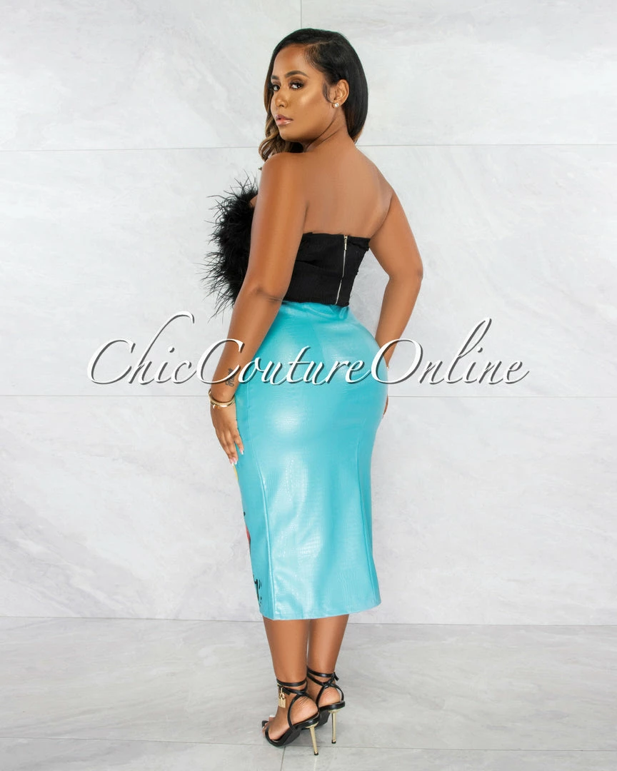 Vendor-unknown JUST IN Delilah Baby Blue Graphic Faux Leather Midi Skirt