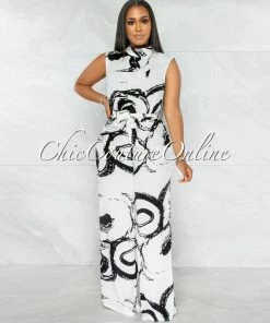 Chic Couture Online Rigby Off-White Black Print Wide Legs Jumpsuit