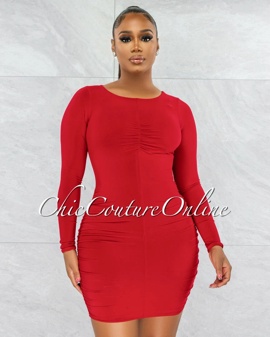 Vendor-unknown Darlene Red Drape Long Sleeves Double Lined Dress