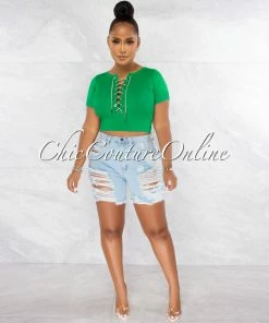Chic Couture Online Malowa Green Rhinestones Lace-Up Ribbed Crop Top JUST IN