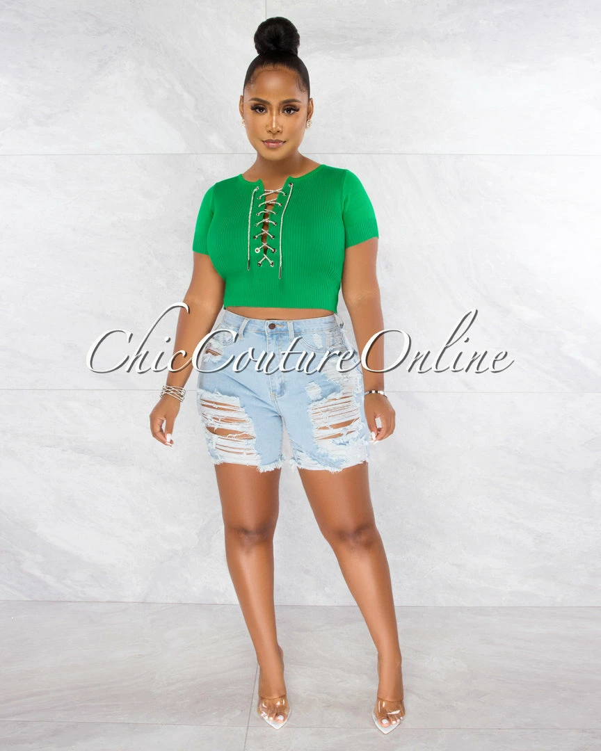 Chic Couture Online Malowa Green Rhinestones Lace-Up Ribbed Crop Top JUST IN