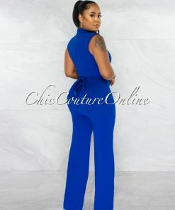 Chic Couture Online Brandy Royal Blue Gold Link Lace-Up Jumpsuit