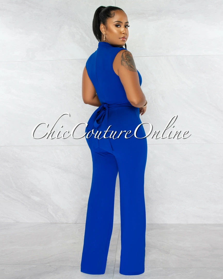 Chic Couture Online Brandy Royal Blue Gold Link Lace-Up Jumpsuit