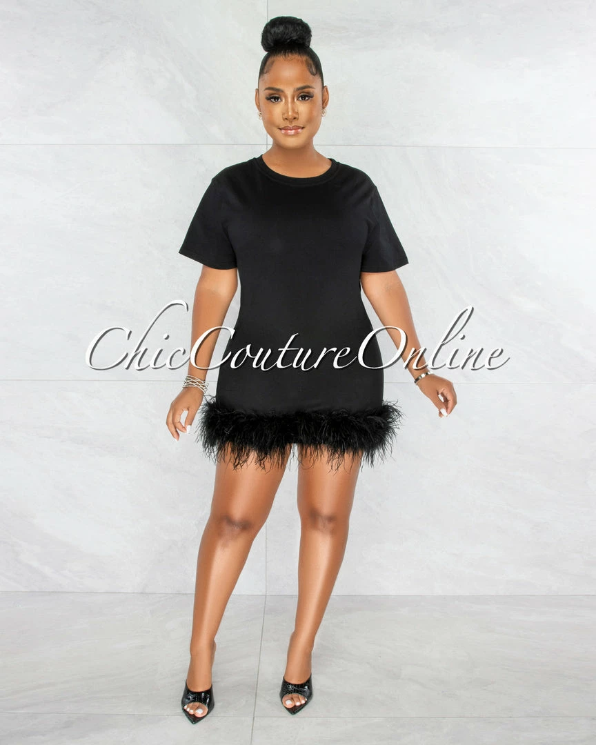 Chic Couture Online Torina Black Feathers Hem Shirt Dress JUST IN