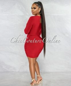 Vendor-unknown Darlene Red Drape Long Sleeves Double Lined Dress