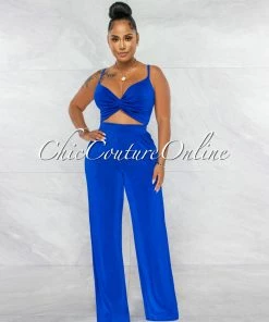 Chic Couture Online Arabella Royal Blue Knot Crop Top & Wide Pants Shimmer Set JUST IN