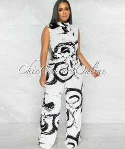 Chic Couture Online Rigby Off-White Black Print Wide Legs Jumpsuit