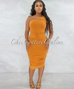 Chic Couture Online JUST IN Dolores Mango Ruched Single Shoulder Midi Dress