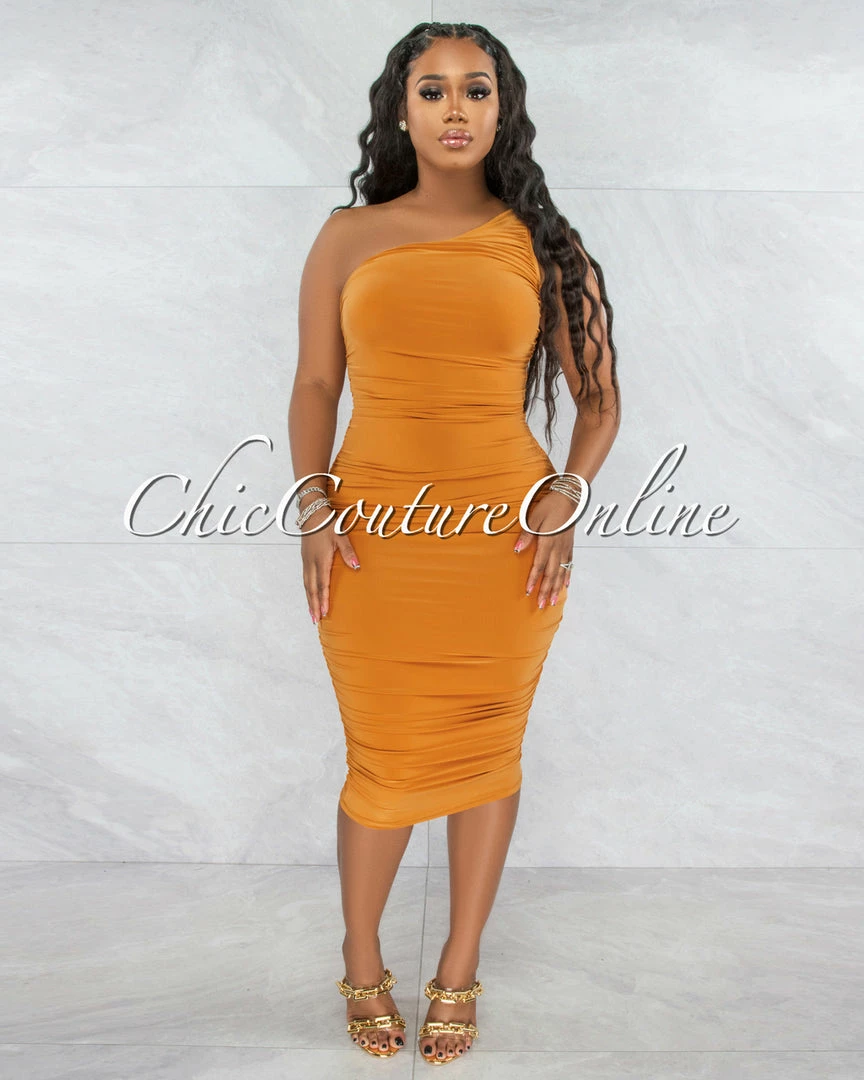 Chic Couture Online JUST IN Dolores Mango Ruched Single Shoulder Midi Dress