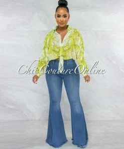 Vendor-unknown JUST IN Cinthia White Lime Print Buttoned Tie Blouse