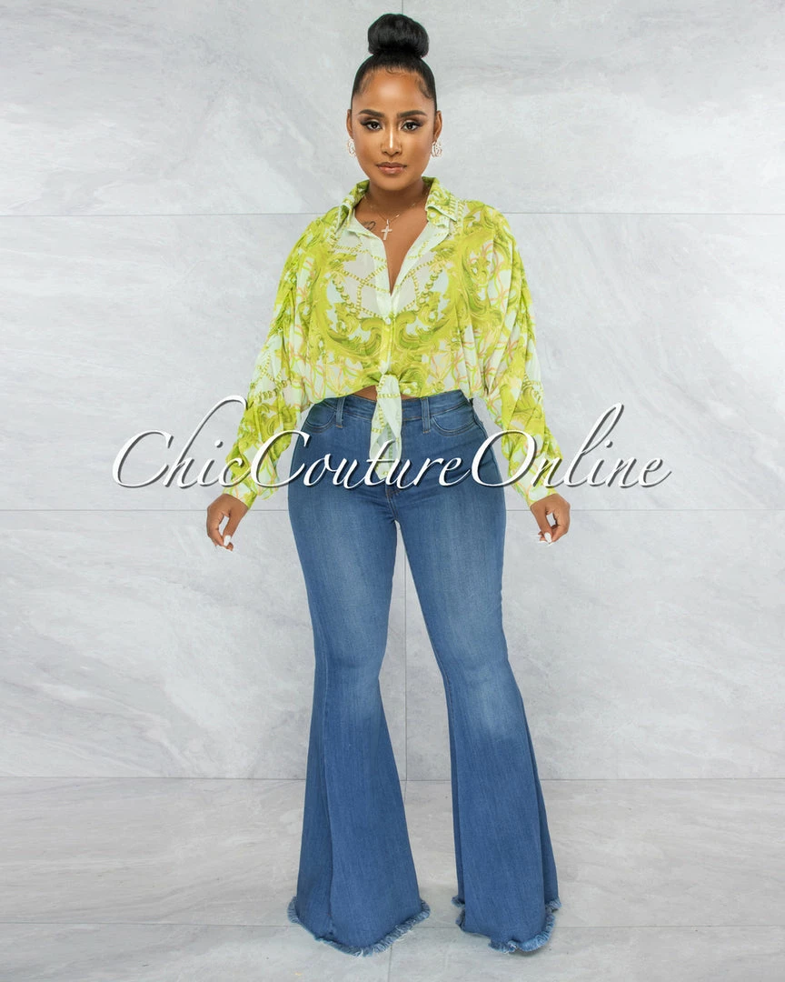 Vendor-unknown JUST IN Cinthia White Lime Print Buttoned Tie Blouse