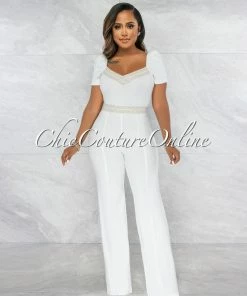 Vendor-unknown Andres Off-White Nude Fret Print Bubble Sleeves Jumpsuit