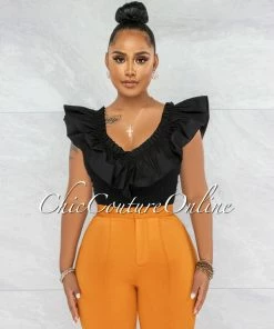 Vendor-unknown Julieta Black Ribbed Ruffle Neckline Bodysuit JUST IN