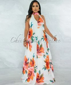 Vendor-unknown Barksdale White Floral Print Halter Jumpsuit