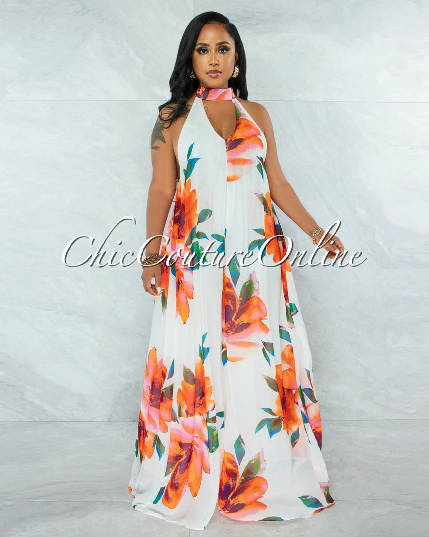 Vendor-unknown Barksdale White Floral Print Halter Jumpsuit