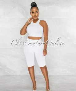 Chic Couture Online Mandisa White Ribbed Crop Top & Bike Shorts Set JUST IN
