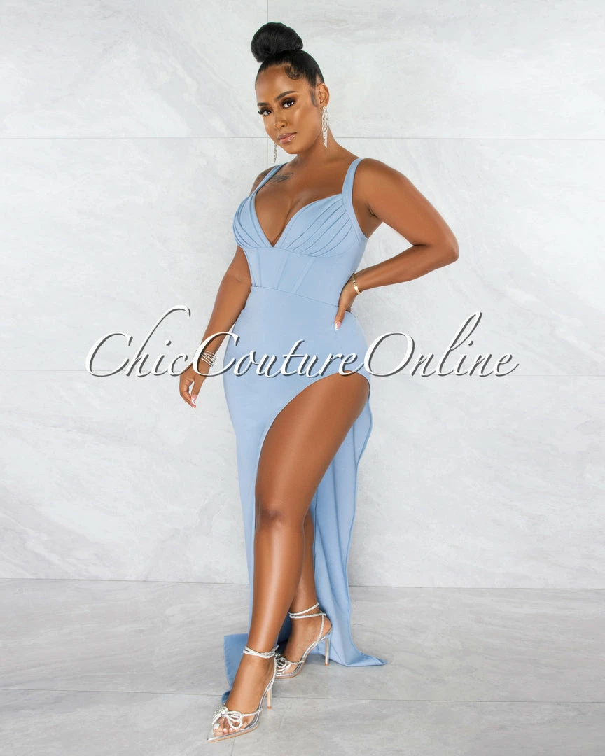 Chic Couture Online Haraly Sky Blue Pleated Bust Corset Draped Slit Maxi Dress JUST IN