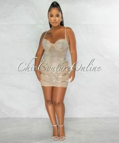 Chic Couture Online Genesis Nude Silver Rhinestones Sheer Mini Dress JUST IN