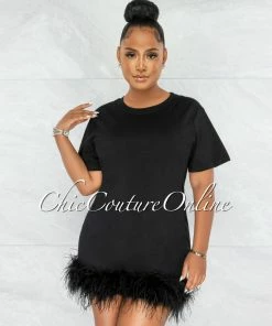 Chic Couture Online Torina Black Feathers Hem Shirt Dress JUST IN