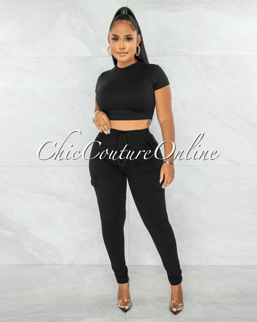 Chic Couture Online Ashley Black Drawstring Cargo Jogger Pants JUST IN