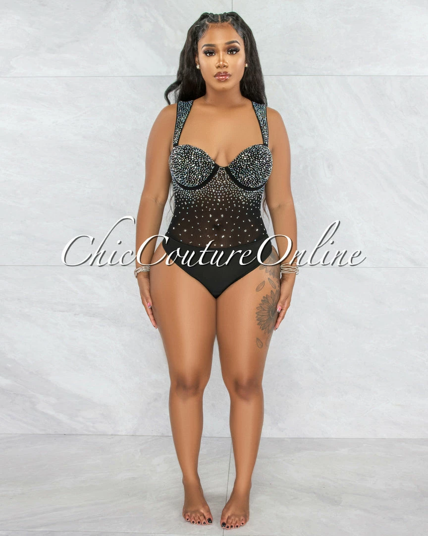 Vendor-unknown Jacaranda Black Rhinestones Bodysuit & Draped Skirt Set