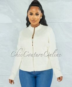 Chic Couture Online Nida Ivory Rhinestones Knit Quilted Jacket
