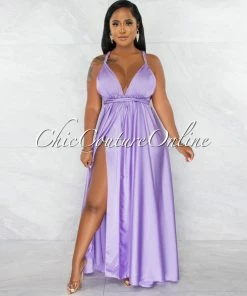 Chic Couture Online JUST IN Lorenie Lilac Deep-V Multi-Way High Slits Silky Maxi Dress