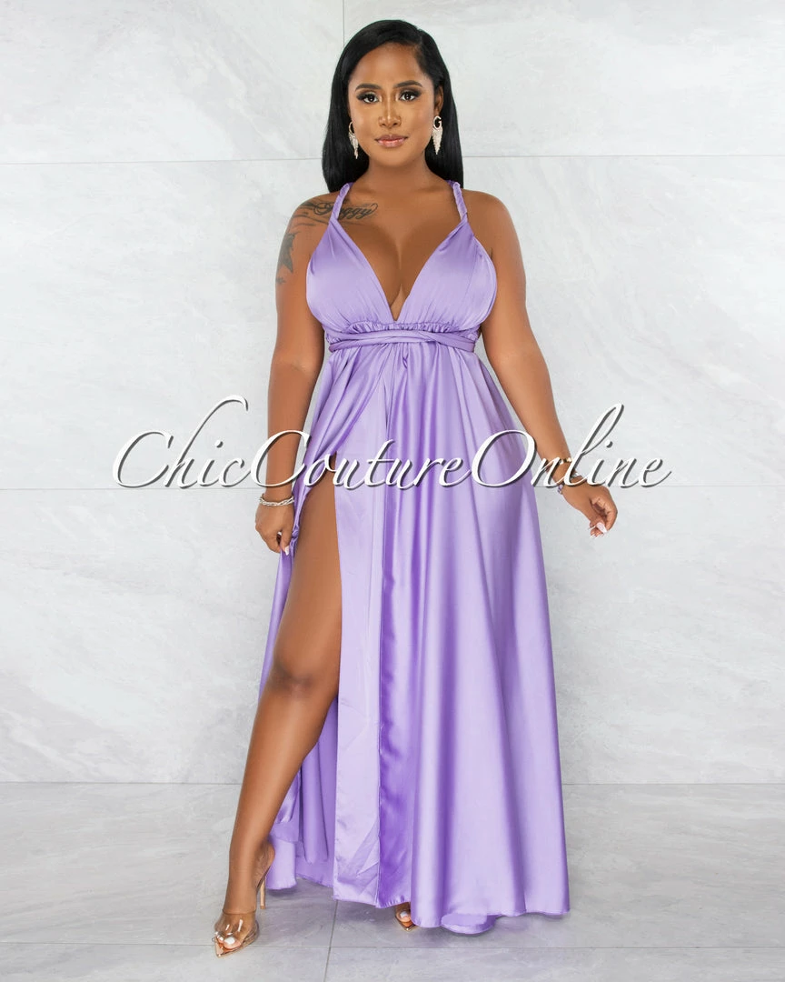 Chic Couture Online JUST IN Lorenie Lilac Deep-V Multi-Way High Slits Silky Maxi Dress