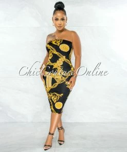 Chic Couture Online JUST IN Tanner Black Gold Brocade Print Strapless Midi Dress