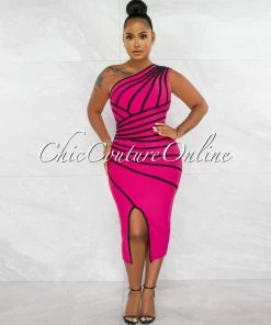 Chic Couture Online JUST IN Morgany Fuchsia Black Stripes Bandage Midi Dress