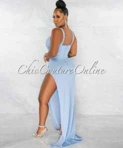 Chic Couture Online Haraly Sky Blue Pleated Bust Corset Draped Slit Maxi Dress JUST IN