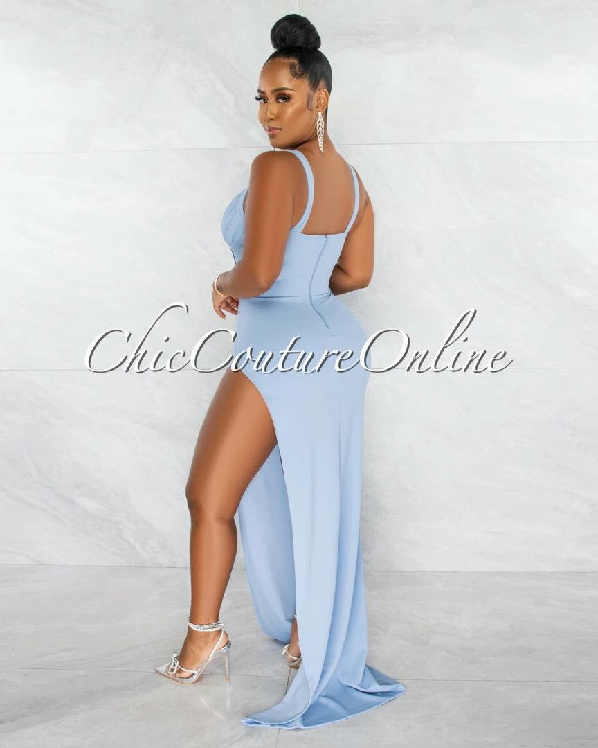 Chic Couture Online Haraly Sky Blue Pleated Bust Corset Draped Slit Maxi Dress JUST IN