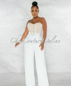 Chic Couture Online JUST IN Millen Nude White Rhinestones Belt Luxe Jumpsuit