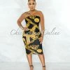 Chic Couture Online JUST IN Tanner Black Gold Brocade Print Strapless Midi Dress