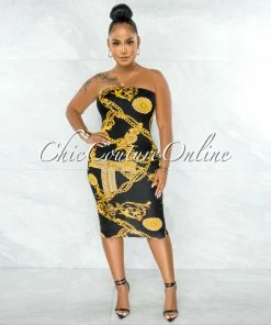 Chic Couture Online JUST IN Tanner Black Gold Brocade Print Strapless Midi Dress