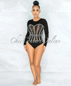 Vendor-unknown JUST IN Perlie Black Mesh Iridescent Rhinestones & Pearls Bodysuit