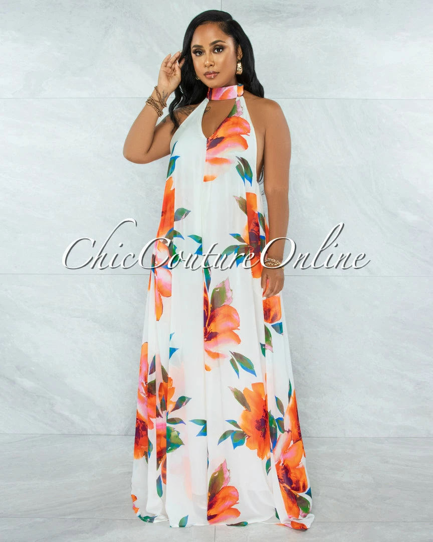 Vendor-unknown Barksdale White Floral Print Halter Jumpsuit