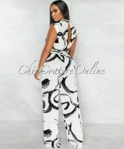 Chic Couture Online Rigby Off-White Black Print Wide Legs Jumpsuit