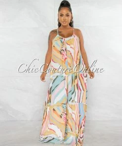 Chic Couture Online Emilia Ivory Multi Color Print Wide Ribbed Jumpsuit