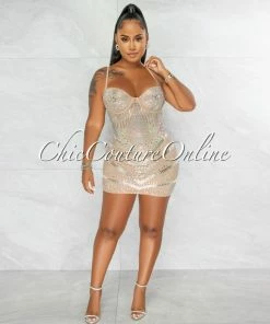 Chic Couture Online Genesis Nude Silver Rhinestones Sheer Mini Dress JUST IN