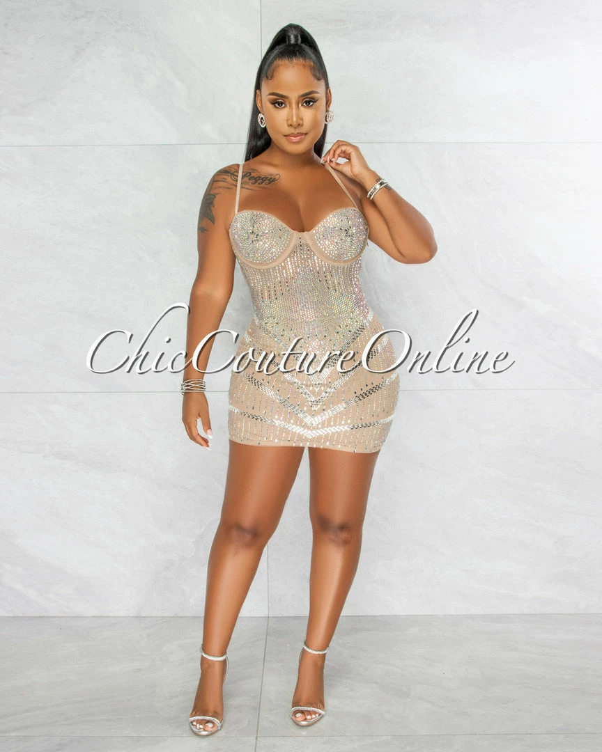 Chic Couture Online Genesis Nude Silver Rhinestones Sheer Mini Dress JUST IN