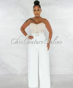 Chic Couture Online JUST IN Millen Nude White Rhinestones Belt Luxe Jumpsuit