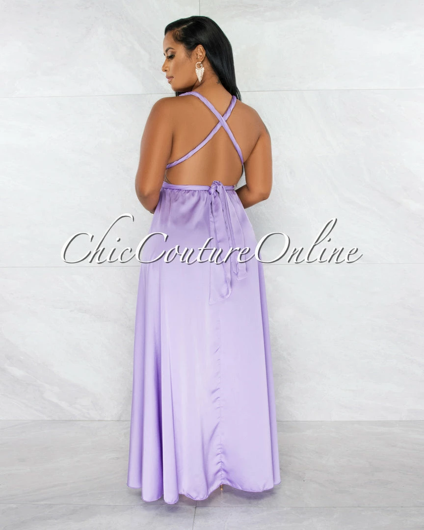 Chic Couture Online JUST IN Lorenie Lilac Deep-V Multi-Way High Slits Silky Maxi Dress